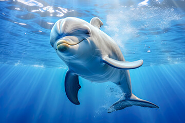 Fototapeta premium cute dolphin underwater eye contact looking at you illustration