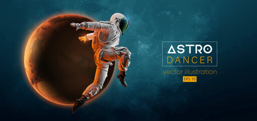 Abstract silhouette of a young hip-hop dancer, brake dancing man astronaut in space action and Earth, Mars, planets on the background of the space. Vector 3d render illustration © Yevheniia