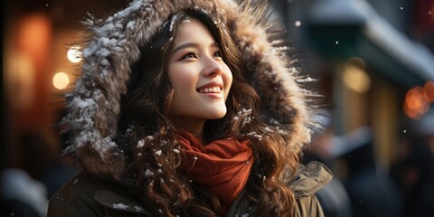 Happy attractive young asian woman enjoys snow and snowflakes at Christmas fair . Outside. Xmas...