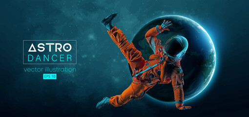 Naklejka premium Abstract silhouette of a young hip-hop dancer, brake dancing man astronaut in space action and Earth, Mars, planets on the background of the space. Vector 3d render illustration