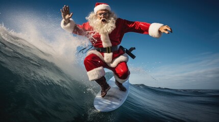 Santa Claus on surf board in ocean. Santa Claus on vacation. Surfing Santa. Santa goes Surfing.