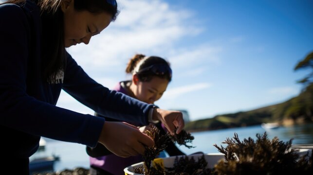 Teenagers learning to harvest seaweed as part of an educational marine conservation program