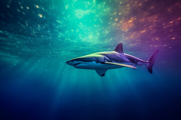 Fototapeta premium A shark swimming in a glowing Aurora Borealis in the Arctic Ocean