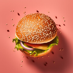 Juicy meat burger with beef, cheese, lettuce, onion, tomatoes on pink background.