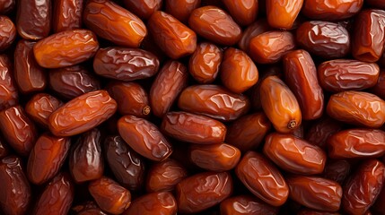 An attractive pile of dried date medjoul fruits piled on a tabletop is seen in full frame background top view.