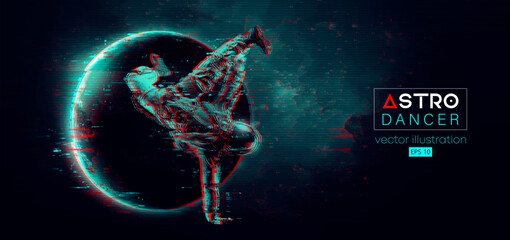 Abstract silhouette of a young hip-hop dancer, brake dancing man astronaut in space action and Earth, Mars, planets on the background of the space. Vector 3d render illustration - obrazy, fototapety, plakaty