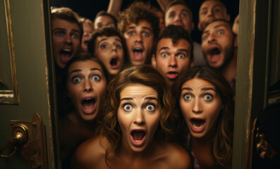 A door opening to reveal a group of friends shouting "Surprise!" in unison, capturing the essence of surprise parties. Generative Ai.
