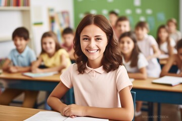 Happy teacher smiling in class at elementary school looking at camera with her students in the background.