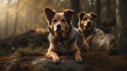 Two Dogs Relaxing on Rocks in a Sunlit Forest