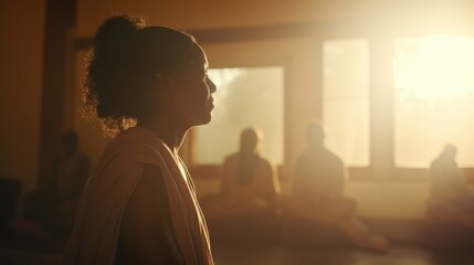 Transgender woman teaching a yoga class, a serene studio setting with soft morning light - obrazy, fototapety, plakaty