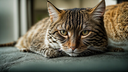 A Tabby Cat Relaxing Indoors with a Focused Gaze