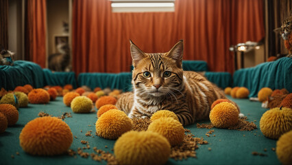 A Striped Cat’s Playtime with Orange Pom Poms