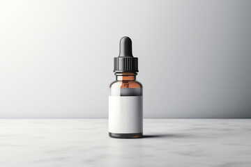 Cosmetic dark amber glass bottle with blank label on gray background. Dropper vial mock up