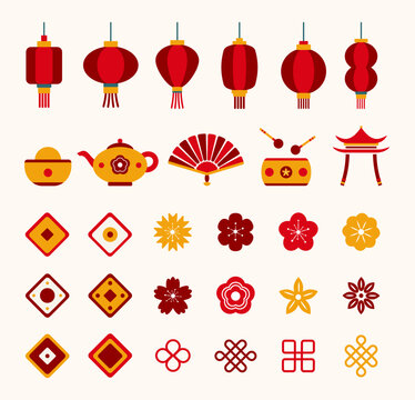 Chinese New Year and Lantern Festival graphic design set of festive objects and symbols, oriental decorative elements. Vector illustration.