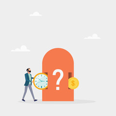 Time investment to earn money, side hustle or income, long term investment, retirement or mutual fund. The guy exchanges time for money. Vector illustration.
