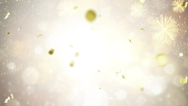 New year fireworks holiday celebration party festival background with shining golden glitter glowing bokeh particle.