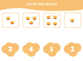 Count and match game with crown. Educational worksheet design for preschool, kindergarten students. Learning mathematics. Brain teaser fun activity for kids.
