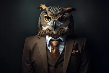 Zelfklevend Fotobehang A man in a suit with a owl head. Owl posing in business suit Generative ai © Karolina