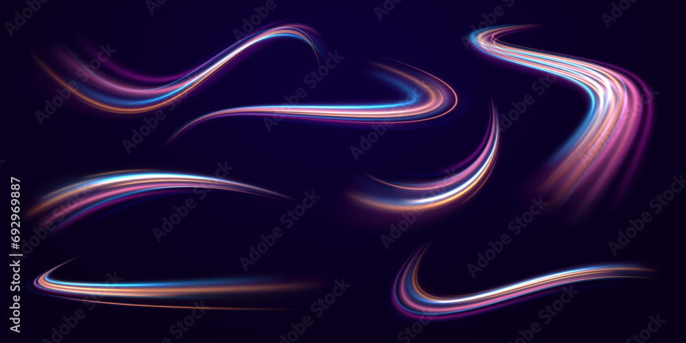 Aufkleber a set of light lines in the form of swirls and waves. curved bright speed line swirls. light road in