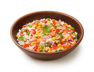 Salad of tuna, rice and vegetables in a terracotta salad bowl isolated on a white background. - 692969848