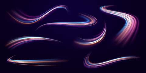 A set of light lines in the form of swirls and waves. Curved bright speed line swirls. light road in the form of a swirl, neon color. Glow luminous glitter shimmer trail. Vector.