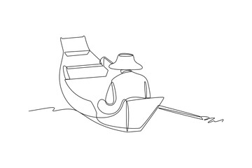 Obraz premium Fisherman go to fishing used boat. Fisherman minimalist concept, Work life.