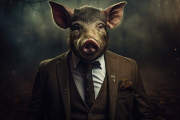 A man in a suit with a boar head. Boar posing in business suit Generative ai - obrazy, fototapety, plakaty