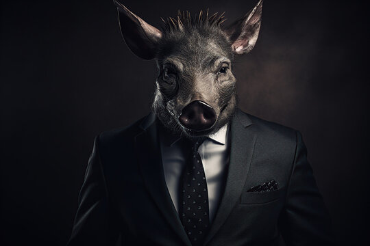 A man in a suit with a boar head. Boar posing in business suit Generative ai
