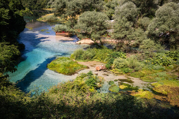 Naklejka na ściany i meble Clear Water River in Blue Eye. Beautiful Above View of Water and Nature with Green Trees in Southern Albania.