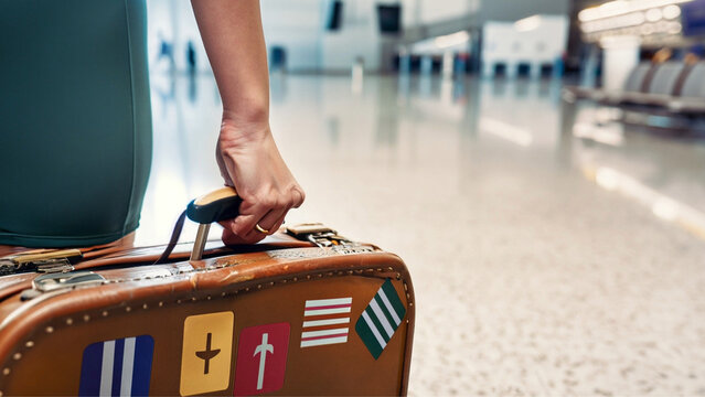 Close na mão de uma pessoa segurando uma mala antiga, cheia de adesivos, no ambiente de um aeroporto. Conceito de viagem.