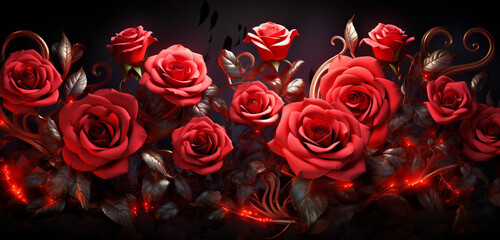 Luminous neon light design with a cascade of red and silver roses on a romantic 3D texture