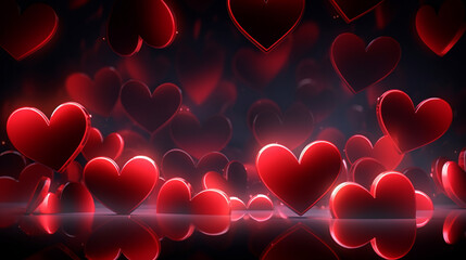 Luminous neon light design with a series of red and silver hearts on a romantic 3D texture