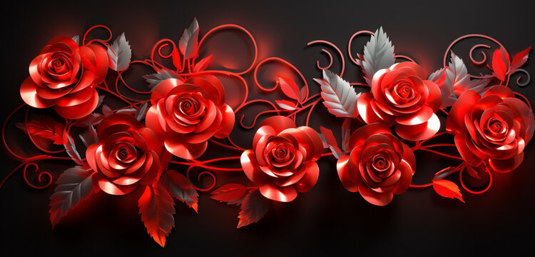 Luminous neon light design with a cascade of red and silver roses on a romantic 3D texture
