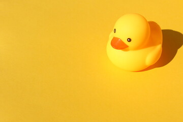 A yellow rubber duck stands on a yellow background.