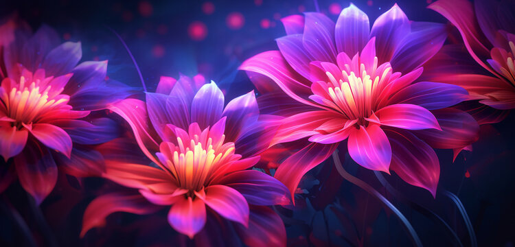 Luminous neon light design with a series of pink and yellow flowers on a floral 3D texture