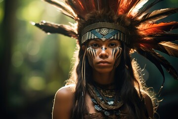 A young tribal woman adorned with traditional makeup, headdress, and vibrant attire symbolizes cultural heritage and beauty. - obrazy, fototapety, plakaty