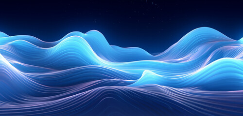 Luminous neon light design with an array of blue and white waves on an oceanic 3D texture