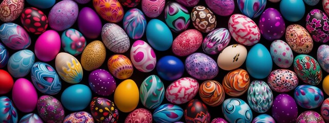 Fototapeta na wymiar Festive Easter multicolored eggs painted with patterns, a banner with eggs for the Easter holiday.