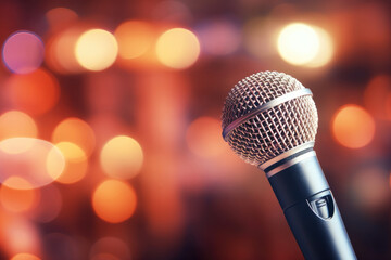 A professional microphone in a well-lit event space, ready for a speech or musical performance.