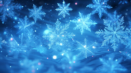 Fototapeta na wymiar Dynamic neon light design with a cascade of blue and white snowflakes on a wintry 3D surface