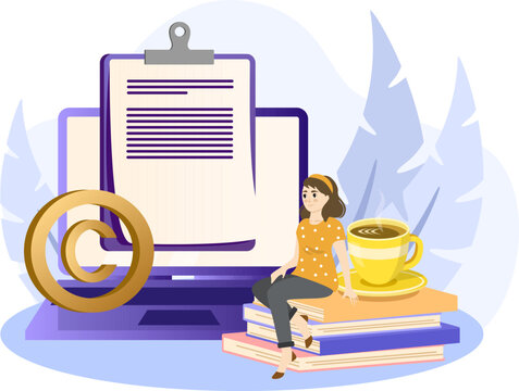 Copywriter illustration. Editor and copywriting services online. Tiny people copywriters checking grammar and spelling document page. Vector illustration on white background