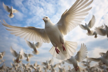 Obraz premium many pigeons flying , cloudy background