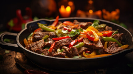 Fajitas with colorful bell peppers in pan a - obrazy, fototapety, plakaty