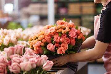 florist is holding freshly made blossoming flower bouquet
