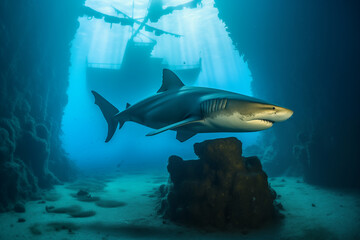 Obraz premium Sand tiger sharks swimming majestically through a sunken shipwreck
