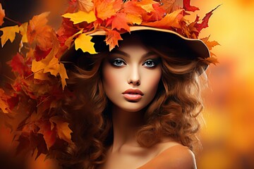 Fototapeta premium Girl Model Fashion Beauty Portrait Woman Autumn fall beautiful leaf make-up coiffure nature background young yellow red up cap art eye head look face hair skin style facial bright luxury orange