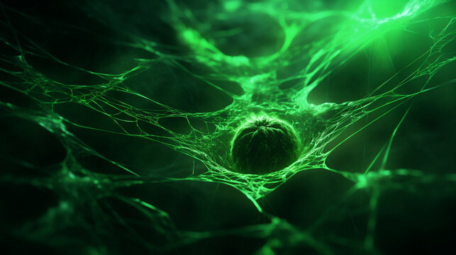 Mesmerizing neon light graffiti with a web of green and black spiderwebs on a spooky 3D texture