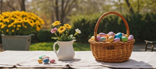 Fototapeta na wymiar Colorful Easter egg basket on the table outdoors with beautiful spring background, copy space. Beautiful Easter background concept.