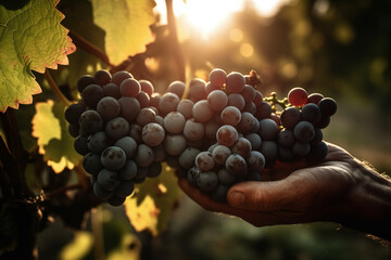 A ripe bunch of grapes with many grapes, the sun shines, close-up of the grape. The winegrower cuts the grapes from the plant. only the farmer's hands are visible. - obrazy, fototapety, plakaty