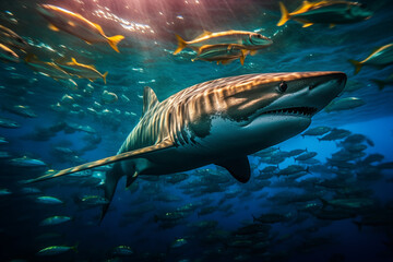 Naklejka premium Schools of mackerel surround a blue shark